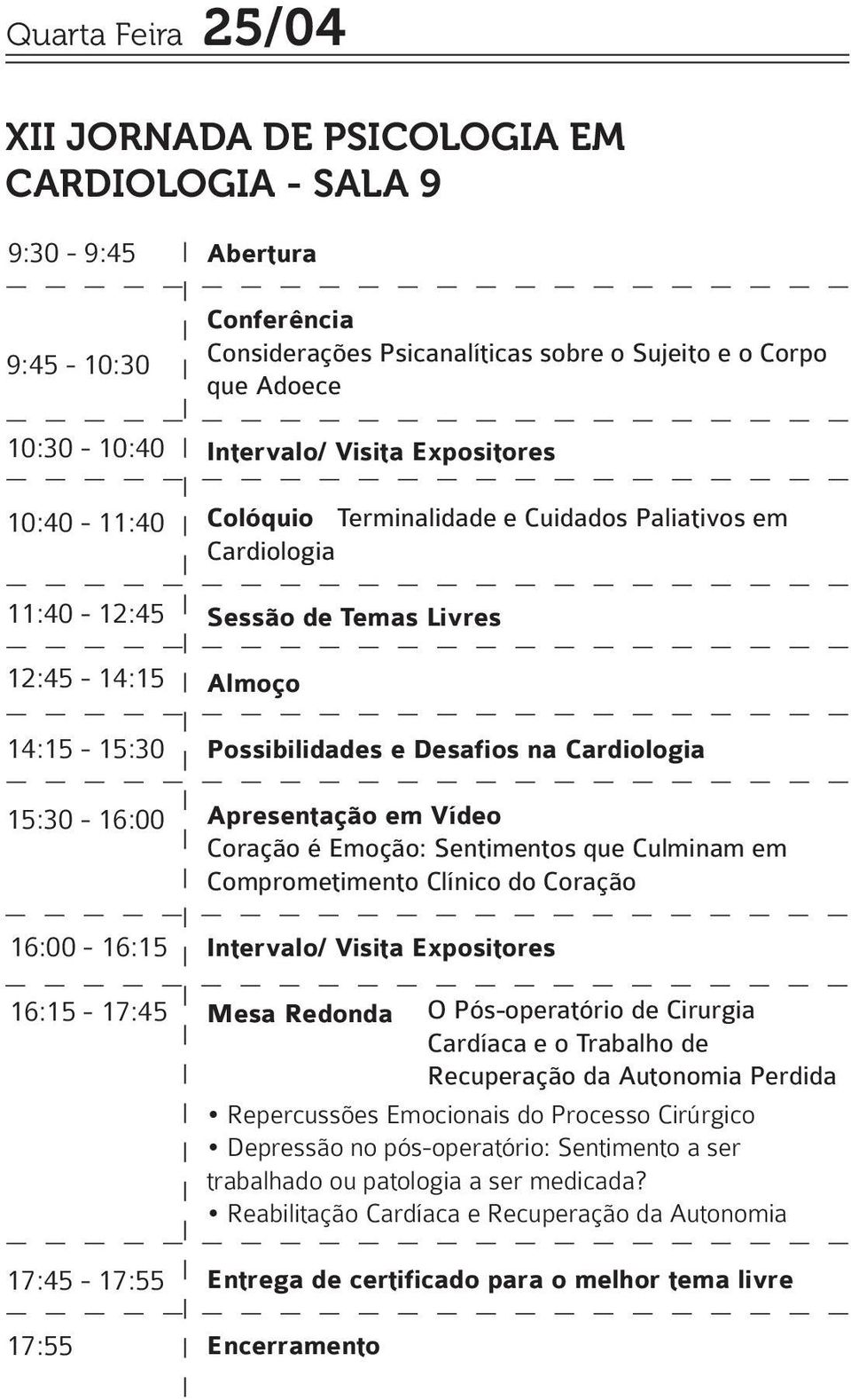 Livres Almoço Possibilidades e Desafios na Cardiologia Apresentação em Vídeo Coração é Emoção: Sentimentos que Culminam em Comprometimento Clínico do Coração Intervalo/ Visita Expositores Mesa