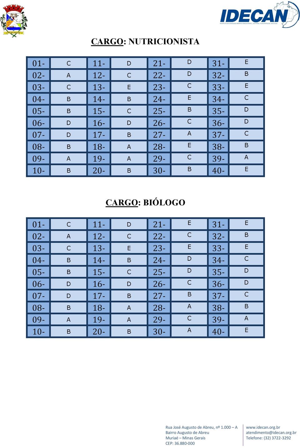 40- E CARGO: BIÓLOGO 01- C 11- D 21- E 31- E 02- A 12- C 22- C 32- B 03- C 13- E 23- E 33- E 04- B 14- B 24- D 34- C 05- B 15- C