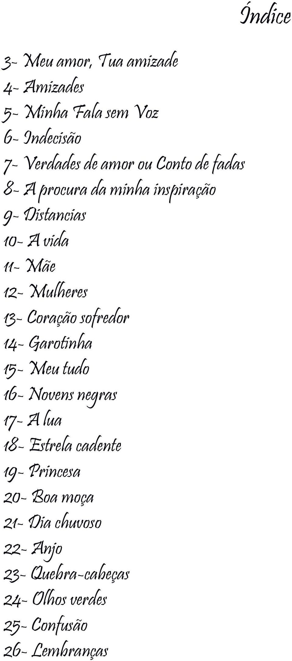 sofredor 14- Garotinha 15- Meu tudo 16- Novens negras 17- A lua 18- Estrela cadente 19- Princesa 20-