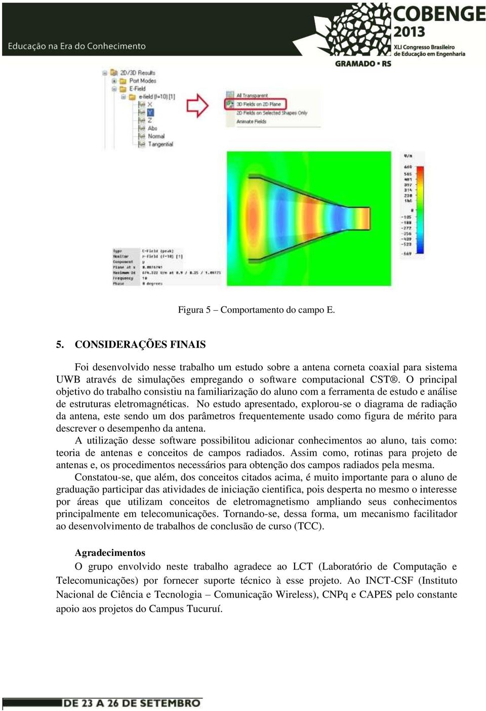 No estudo apresentado, explorou-se o diagrama de radiação da antena, este sendo um dos parâmetros frequentemente usado como figura de mérito para descrever o desempenho da antena.