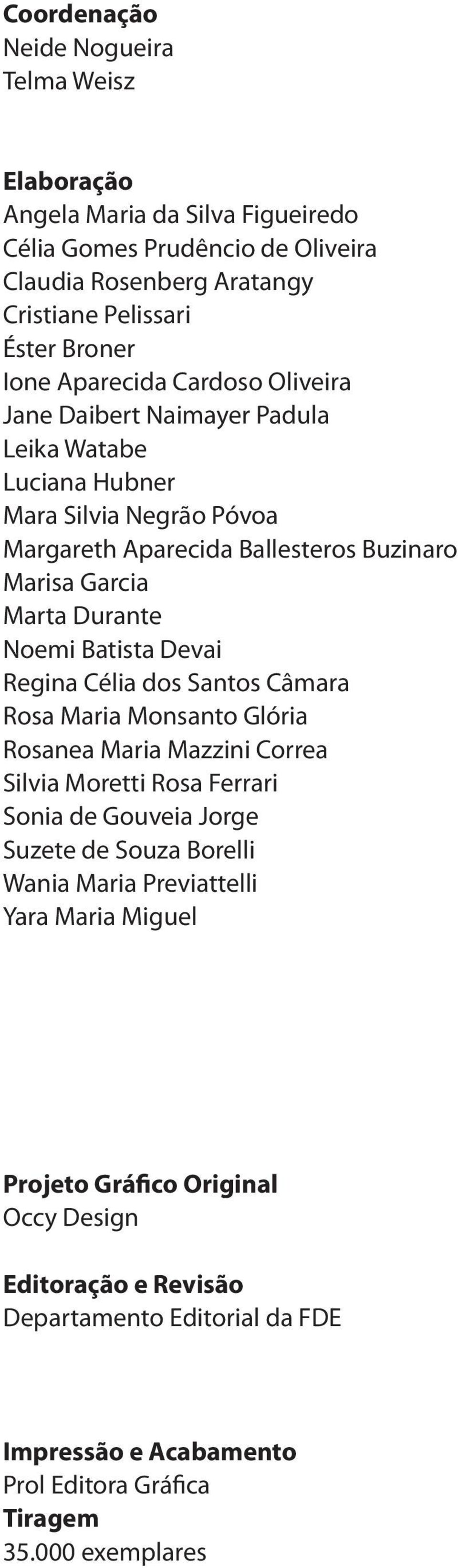 Batista Devai Regina Célia dos Santos Câmara Rosa Maria Monsanto Glória Rosanea Maria Mazzini Correa Silvia Moretti Rosa Ferrari Sonia de Gouveia Jorge Suzete de Souza Borelli Wania