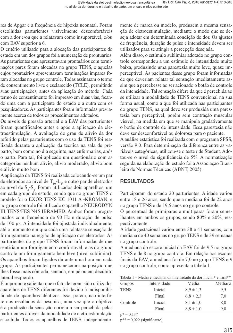 Foram escolhidas parturientes visivelmente desconfortáveis com a dor e/ou que a relatavam como insuportável, e/ou com EAV superior a 6.