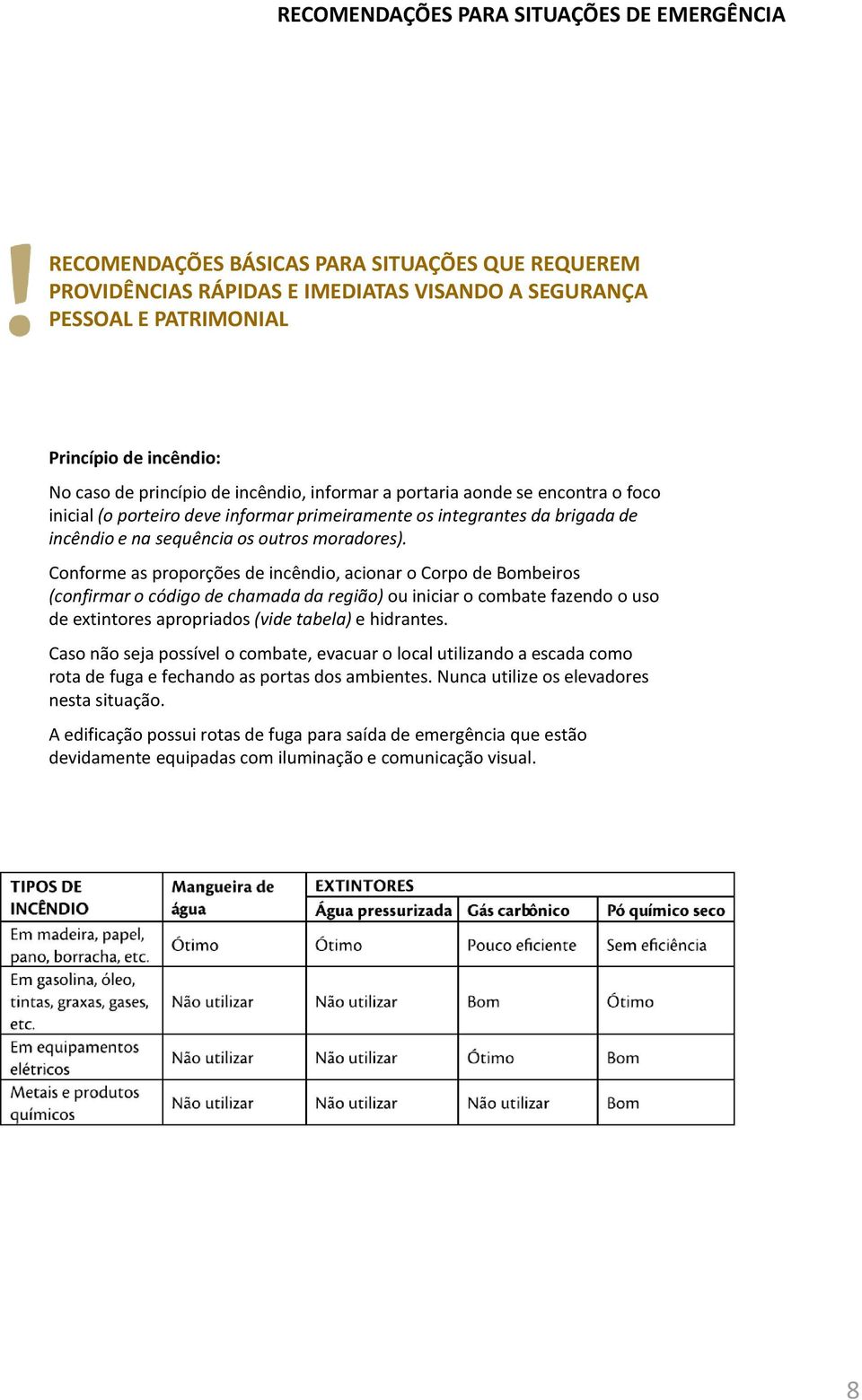 Conforme as proporções de incêndio, acionar o Corpo de Bombeiros (confirmar o código de chamada da região) ou iniciar o combate fazendo o uso de extintores apropriados (vide tabela) e hidrantes.