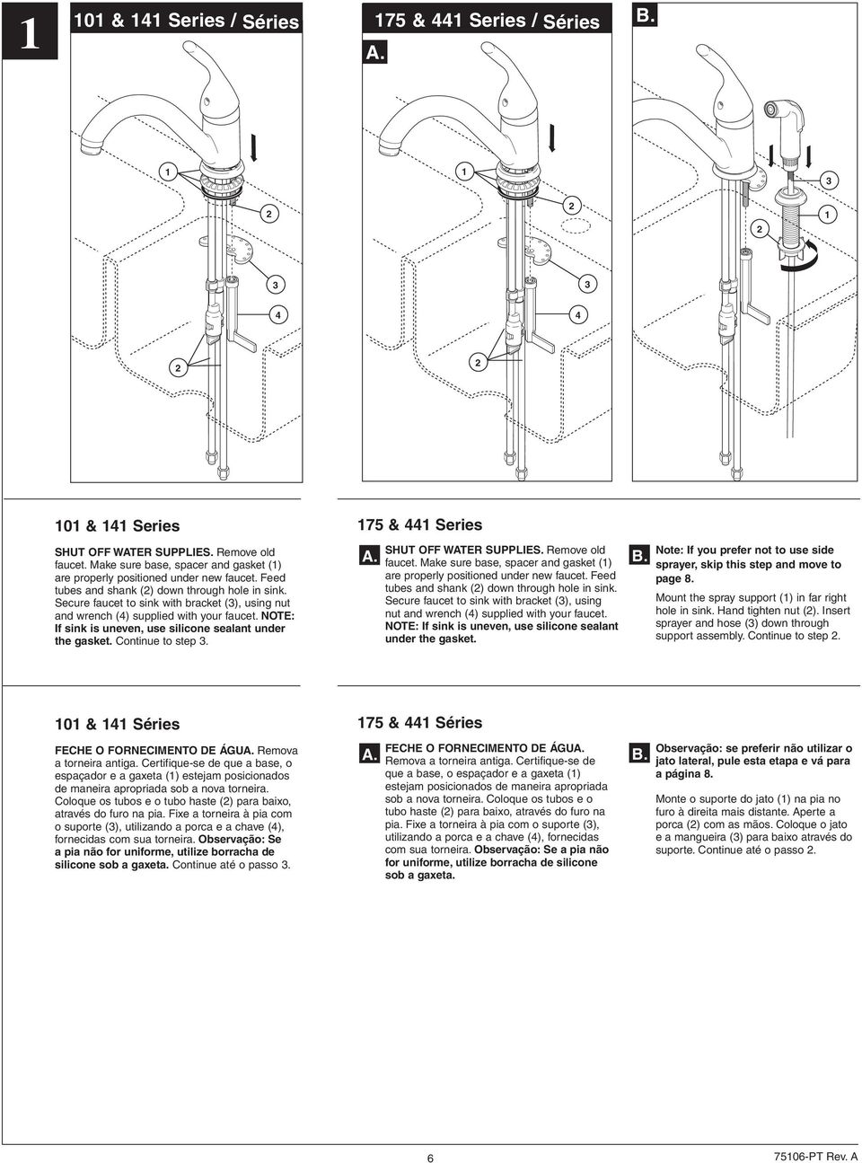 NOTE: If sink is uneven, use silicone sealant under the gasket. Continue to step. SHUT OFF WATER SUPPLIES. Remove old faucet.