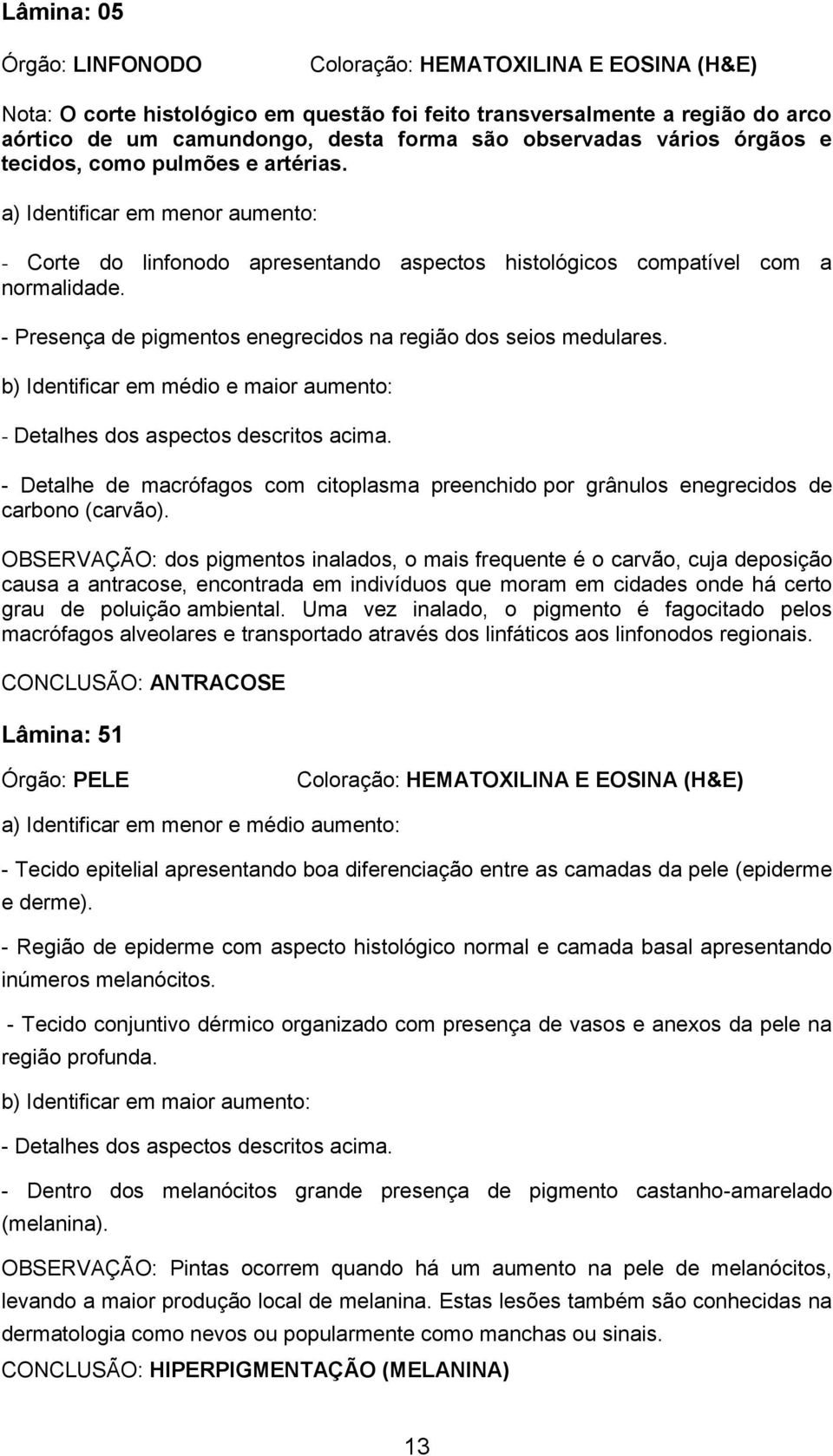 - Detalhes dos aspectos descritos acima. - Detalhe de macrófagos com citoplasma preenchido por grânulos enegrecidos de carbono (carvão).