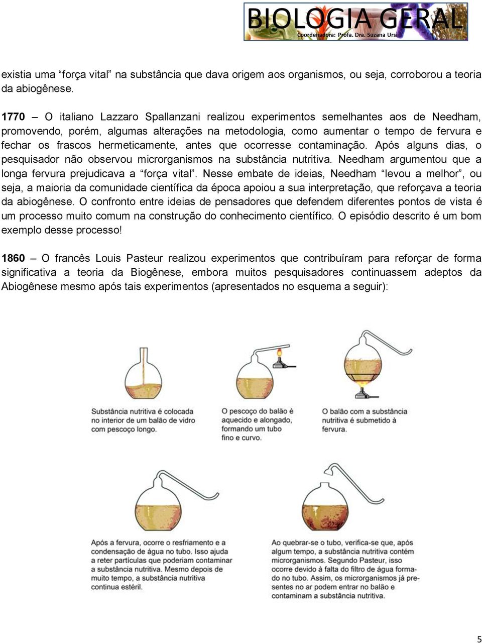 hermeticamente, antes que ocorresse contaminação. Após alguns dias, o pesquisador não observou microrganismos na substância nutritiva. Needham argumentou que a longa fervura prejudicava a força vital.