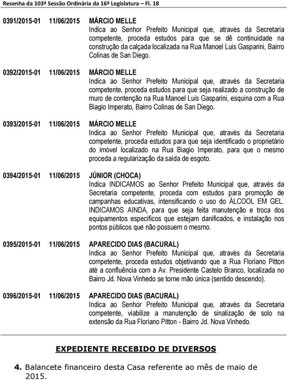 0392/2015-01 11/06/2015 MÁRCIO MELLE competente, proceda estudos para que seja realizado a construção de muro de contenção na Rua Manoel Luis Gasparini, esquina com a Rua Biagio Imperato, Bairro