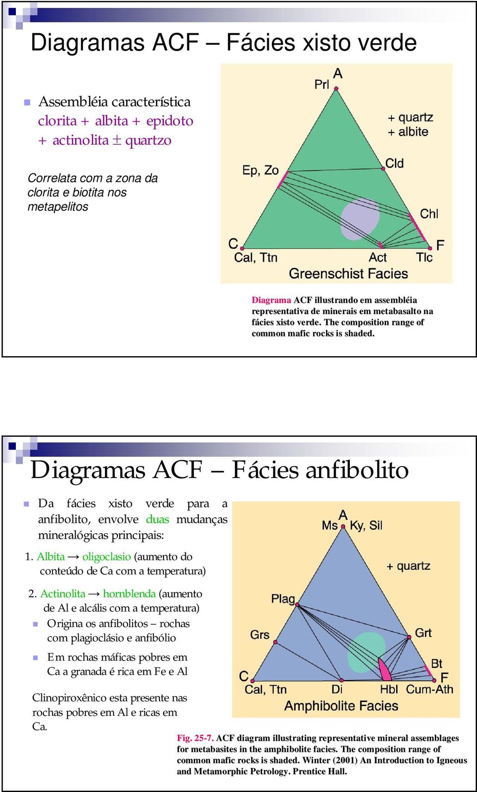 Diagramas ACF Fácies anfibolito Da fácies xisto verde para a anfibolito, envolve duas mudanças mineralógicas principais: 1. Albita oligoclasio (aumento do conteúdo de Ca com a temperatura) 2.