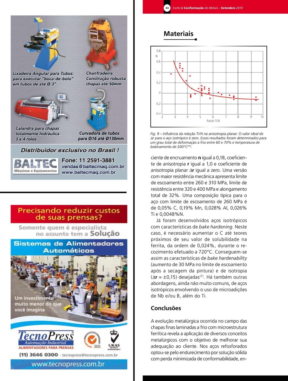 ciente de encruamento n igual a 0,18, coeficiente de anisotropia r igual a 1,0 e coeficiente de anisotropia planar r igual a zero.