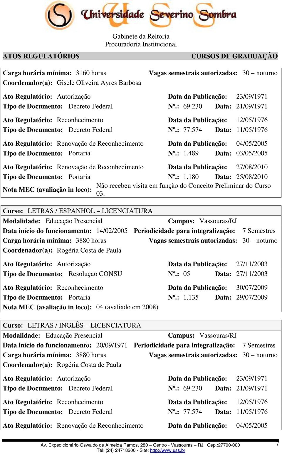 574 Data: 11/05/1976 Ato Regulatório: Renovação de Reconhecimento Data da Publicação: 04/05/2005 Tipo de Documento: Portaria Nº.: 1.489 Data: 03/05/2005 Ato Regulatório: Renovação de Reconhecimento Data da Publicação: 27/08/2010 Tipo de Documento: Portaria Nº.