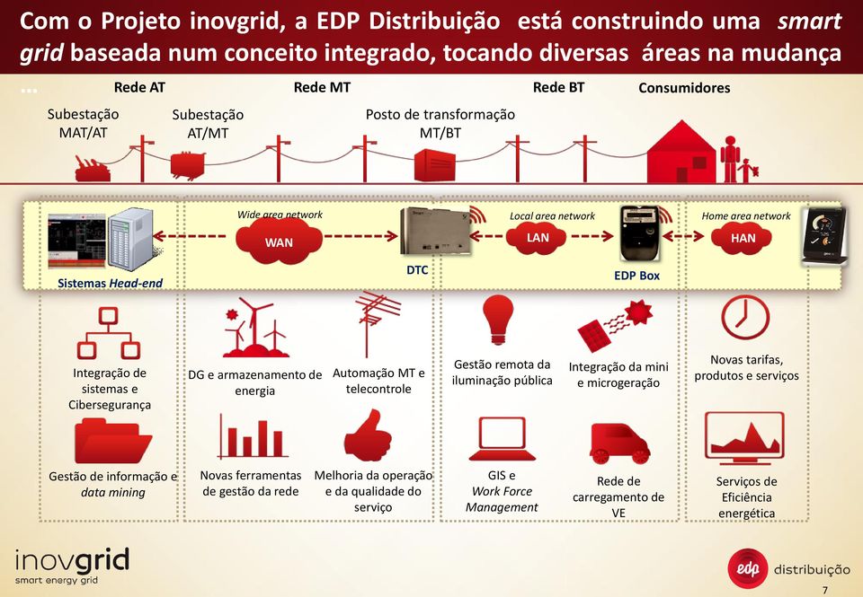 Cibersegurança DG e armazenamento de energia Automação MT e telecontrole Gestão remota da iluminação pública Integração da mini e microgeração Novas tarifas, produtos e serviços Gestão de