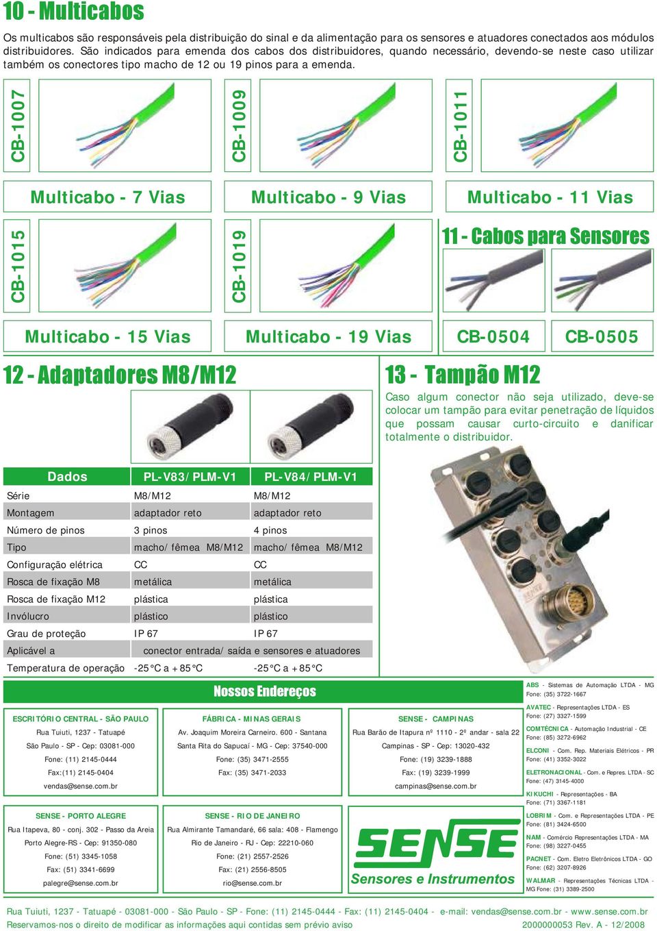 CB-00 CB-009 CB-0 - Vias - 9 Vias - Vias CB-0 CB-09 - Cabos para Sensores - Vias - 9 Vias CB-00 CB-00 - Adaptadores M8/M - Tampão M Caso algum conector não seja utilizado, deve-se colocar um tampão