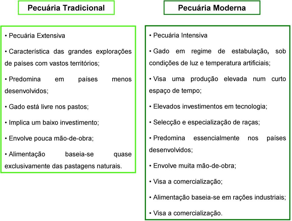 Pecuária Intensiva Gado em regime de estabulação, sob condições de luz e temperatura artificiais; Visa uma produção elevada num curto espaço de tempo; Elevados investimentos em