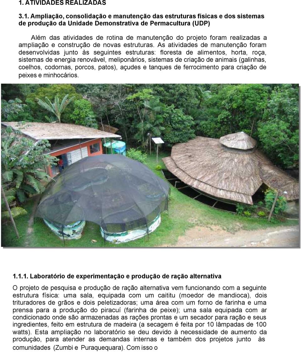 As atividades de manutenção foram desenvolvidas junto às seguintes estruturas: floresta de alimentos, horta, roça, sistemas de energia renovável, meliponários, sistemas de criação de animais