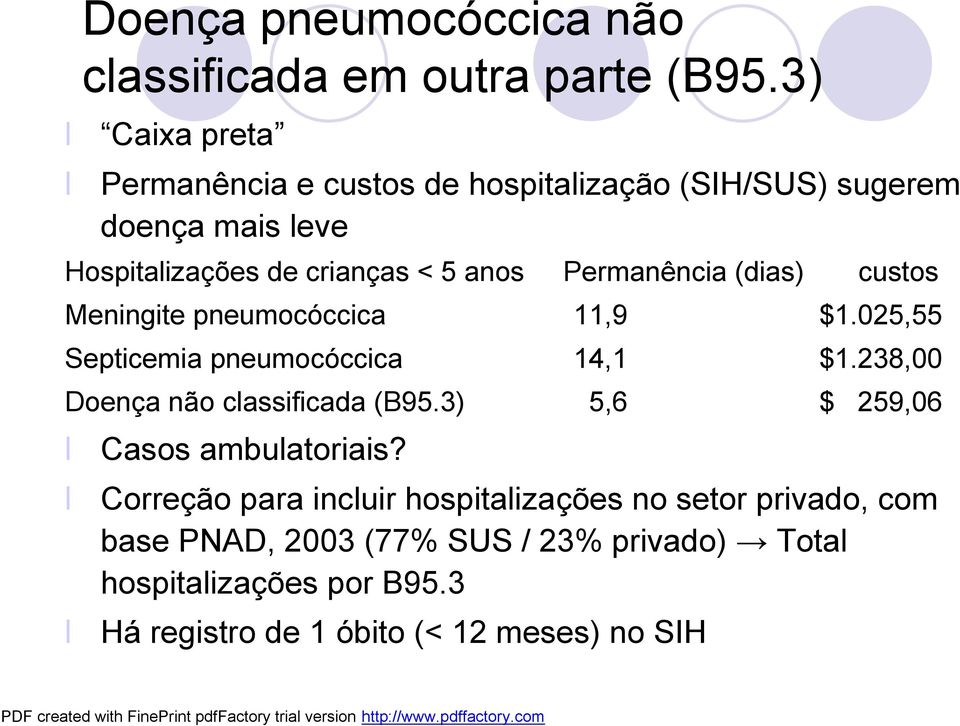 Permanência (dias) custos Meningite pneumocóccica 11,9 $1.025,55 Septicemia pneumocóccica 14,1 $1.