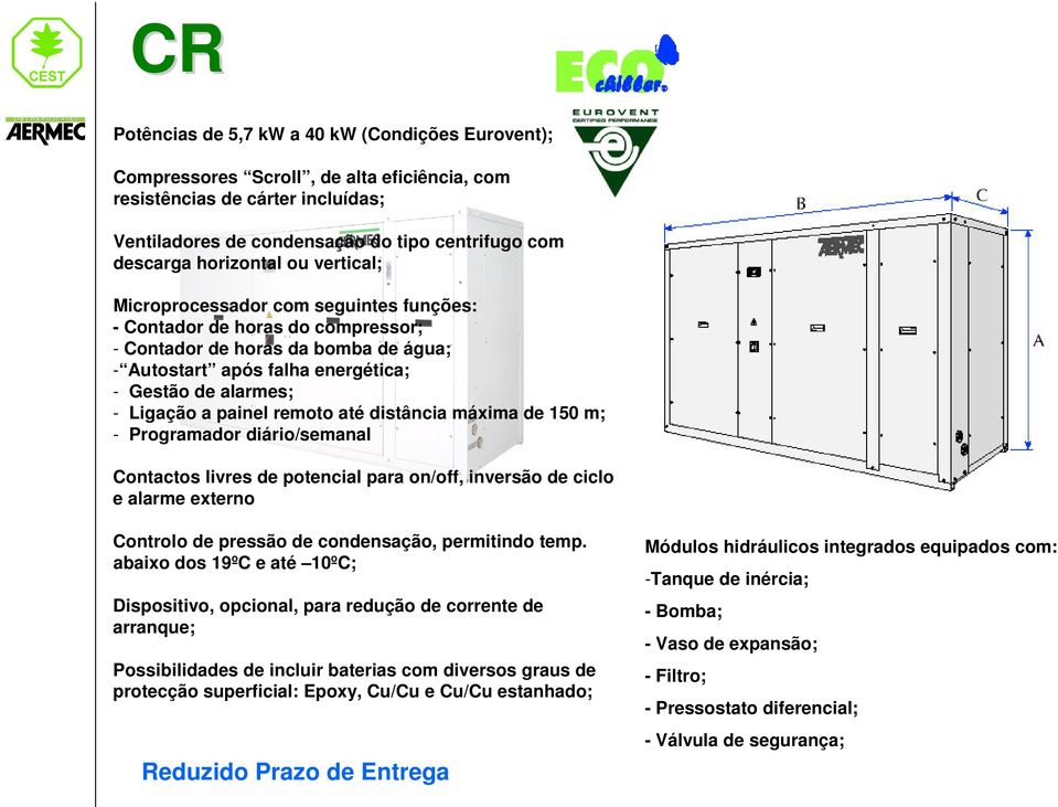 Ligação a painel remoto até distância máxima de 150 m; - Programador diário/semanal Contactos livres de potencial para on/off, inversão de ciclo e alarme externo Controlo de pressão de condensação,