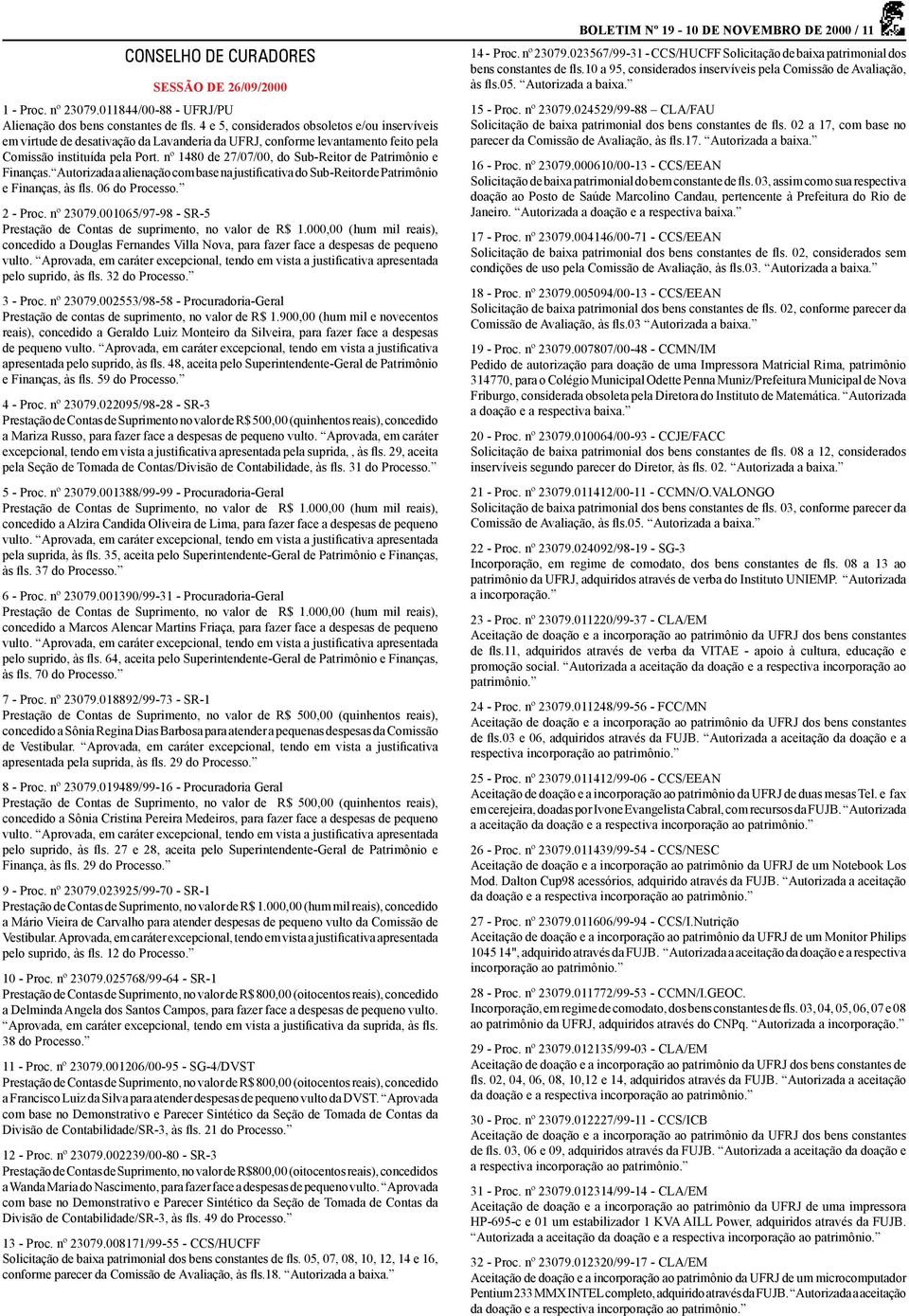 nº 1480 de 27/07/00, do Sub-Reitor de Patrimônio e Finanças. Autorizada a alienação com base na justificativa do Sub-Reitor de Patrimônio e Finanças, às fls. 06 do Processo. 2 - Proc. nº 23079.