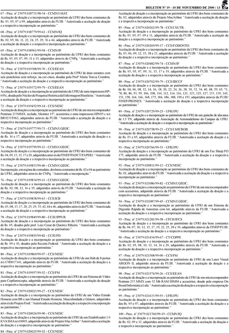 03, 05, 07, 09, 11 e 15, adquiridos através do CNPq. Autorizada a aceitação da doação e a 70 - Proc. nº 23079.