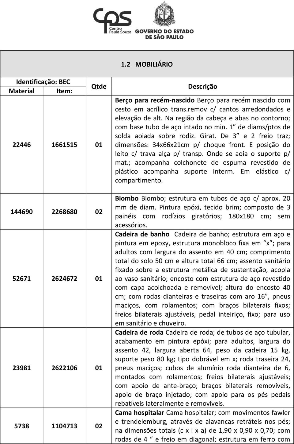 Girat. De 3 e 2 freio traz; dimensões: 34x66x21cm p/ choque front. E posição do leito c/ trava alça p/ transp. Onde se aoia o suporte p/ mat.