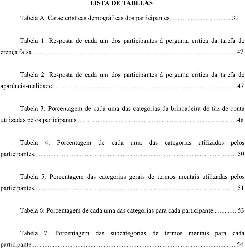 ..47 Tabela 3: Porcentagem de cada uma das categorias da brincadeira de faz-de-conta utilizadas pelos participantes.