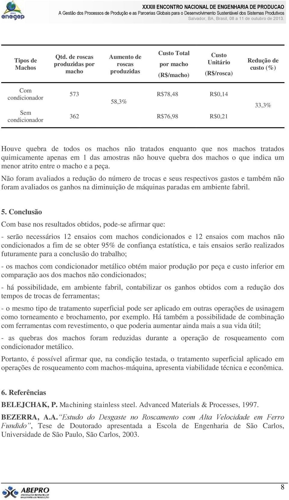 58,3% 362 R$76,98 R$0,21 33,3% Houve quebra de todos os machos não tratados enquanto que nos machos tratados quimicamente apenas em 1 das amostras não houve quebra dos machos o que indica um menor