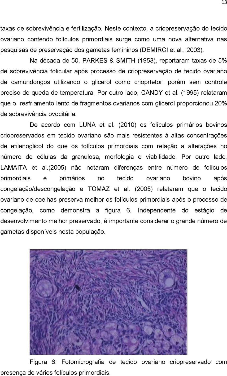 Na década de 50, PARKES & SMITH (1953), reportaram taxas de 5% de sobrevivência folicular após processo de criopreservação de tecido ovariano de camundongos utilizando o glicerol como crioprtetor,