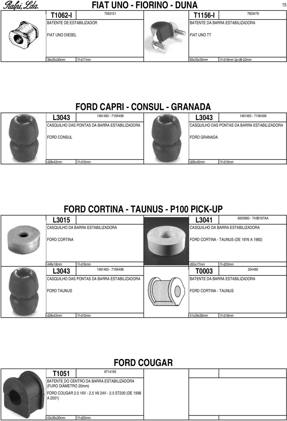 FORD CORTINA - TAUNUS - P100 PICK-UP L3015 L3041 6005983-743B197AA CASQUILHO DA BARRA ESTABILIZADORA CASQUILHO DA BARRA ESTABILIZADORA FORD CORTINA FORD CORTINA - TAUNUS (DE 1976 A 1992) d48x18mm