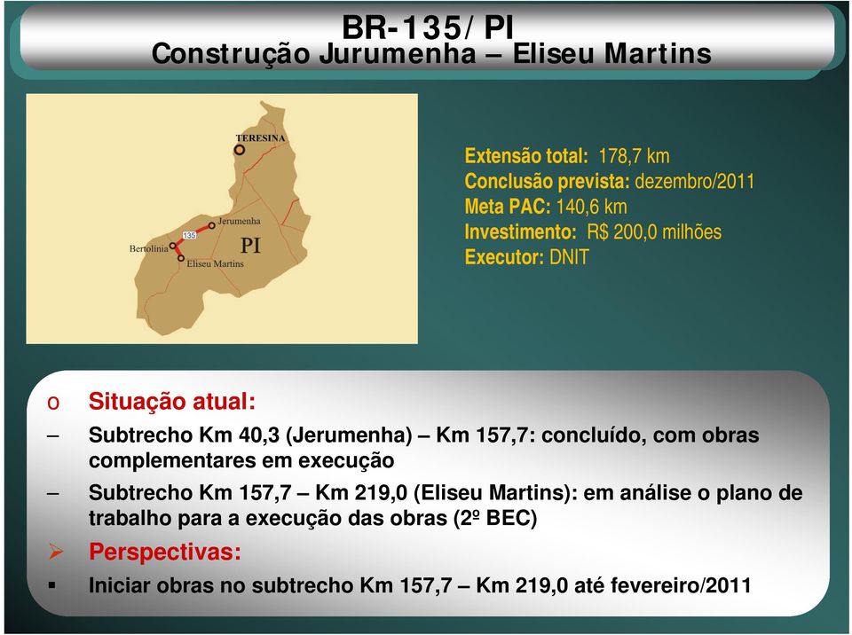 concluído, com obras complementares em execução Subtrecho Km 157,7 Km 219,0 (Eliseu Martins): em análise o plano de