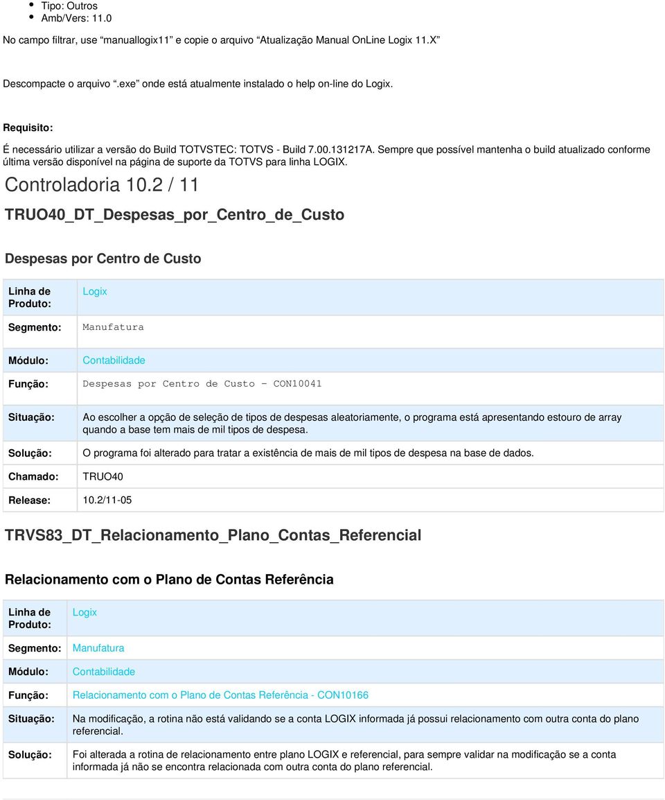Sempre que possível mantenha o build atualizado conforme última versão disponível na página de suporte da TOTVS para linha LOGIX. Controladoria 10.