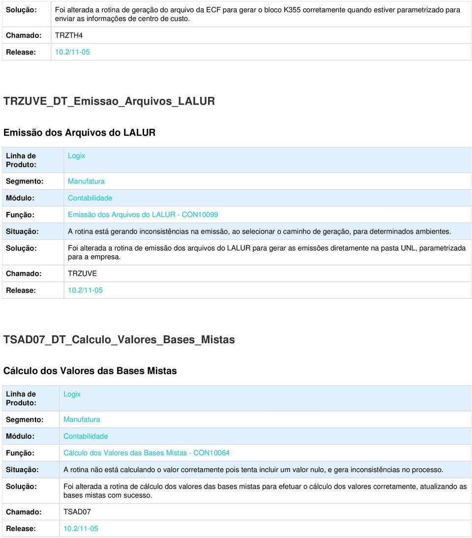 de geração, para determinados ambientes. Foi alterada a rotina de emissão dos arquivos do LALUR para gerar as emissões diretamente na pasta UNL, parametrizada para a empresa.