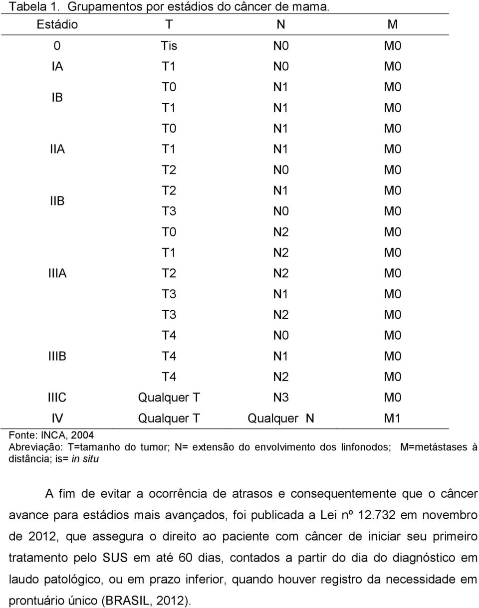 Qualquer T N3 M0 IV Qualquer T Qualquer N M1 Fonte: INCA, 2004 Abreviação: T=tamanho do tumor; N= extensão do envolvimento dos linfonodos; M=metástases à distância; is= in situ A fim de evitar a