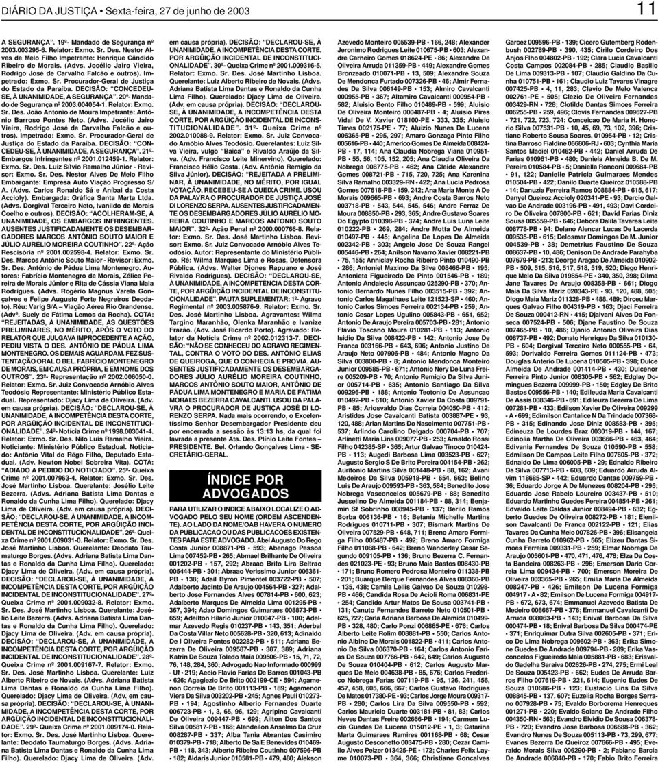 Procurador-Geral de Justiça do Estado da Paraíba. DECISÃO: CONCEDEU- SE, À UNANIMIDADE, A SEGURANÇA. 20º- Mandado de Segurança nº 2003.004054-1. Relator: Exmo. Sr. Des.