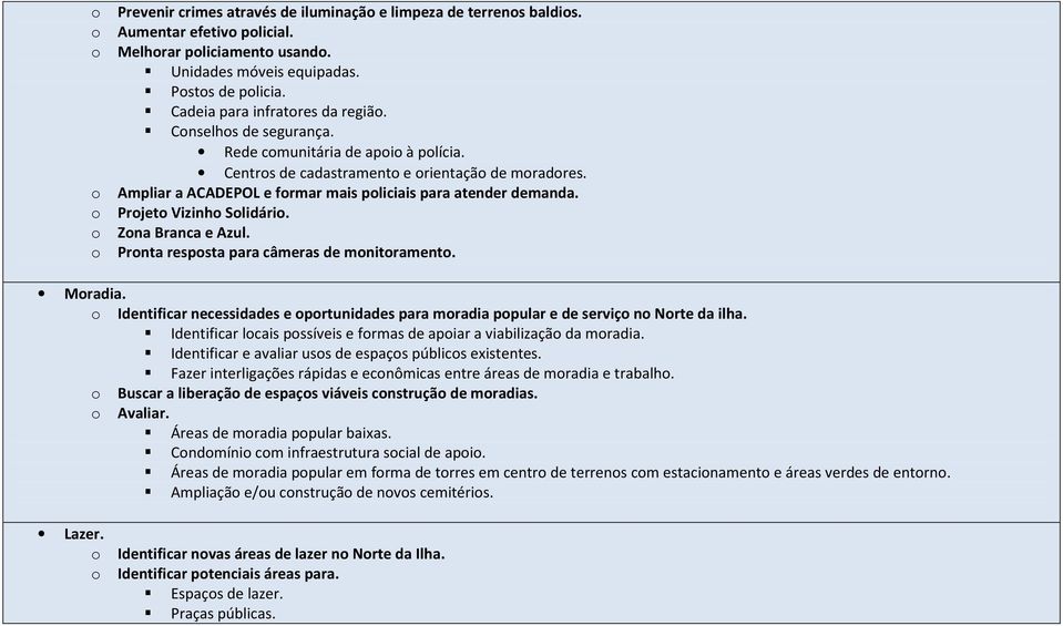 o Ampliar a ACADEPOL e formar mais policiais para atender demanda. o Projeto Vizinho Solidário. o Zona Branca e Azul. o Pronta resposta para câmeras de monitoramento. Moradia.