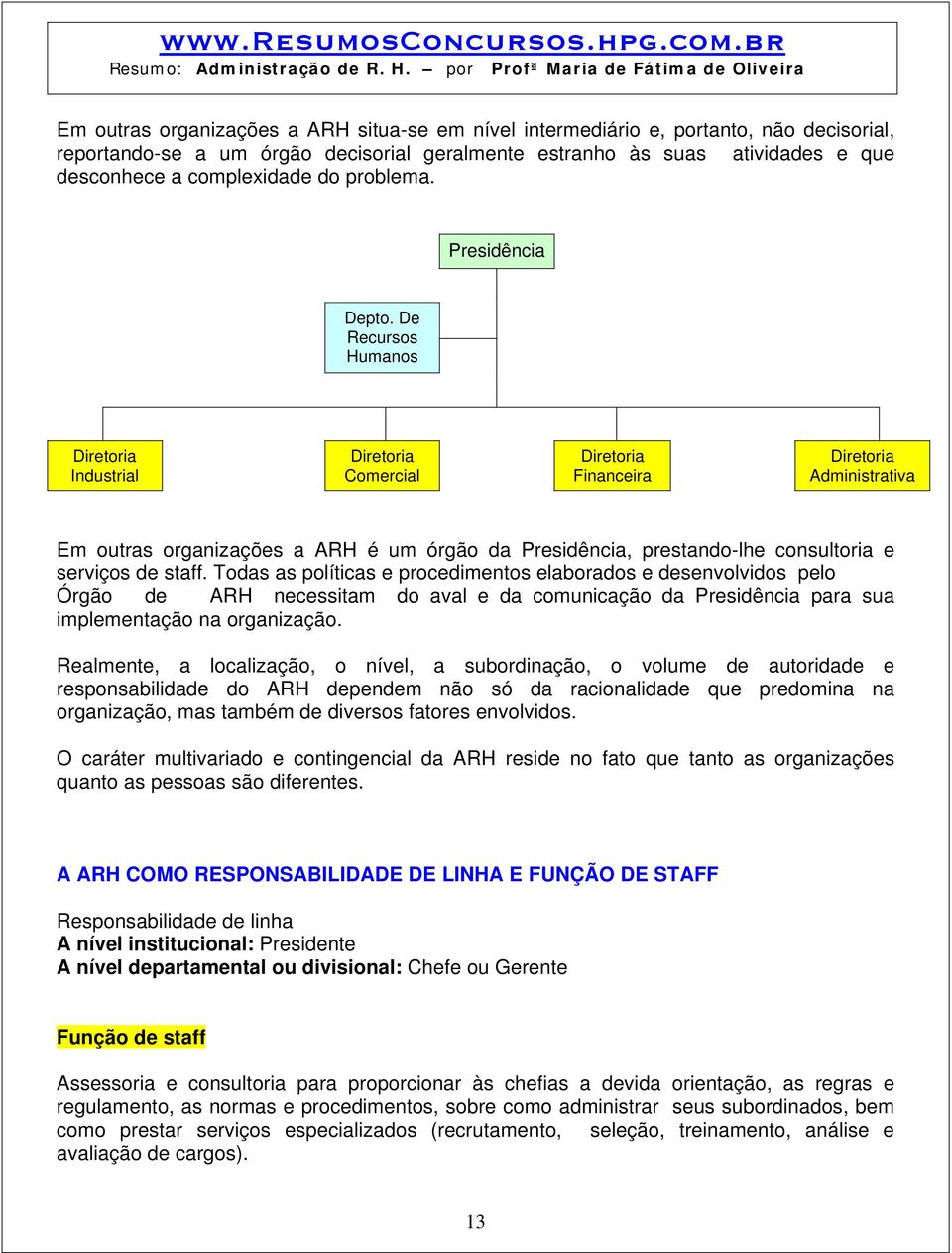 De Recursos Humanos Diretoria Industrial Diretoria Comercial Diretoria Financeira Diretoria Administrativa Em outras organizações a ARH é um órgão da Presidência, prestando-lhe consultoria e serviços