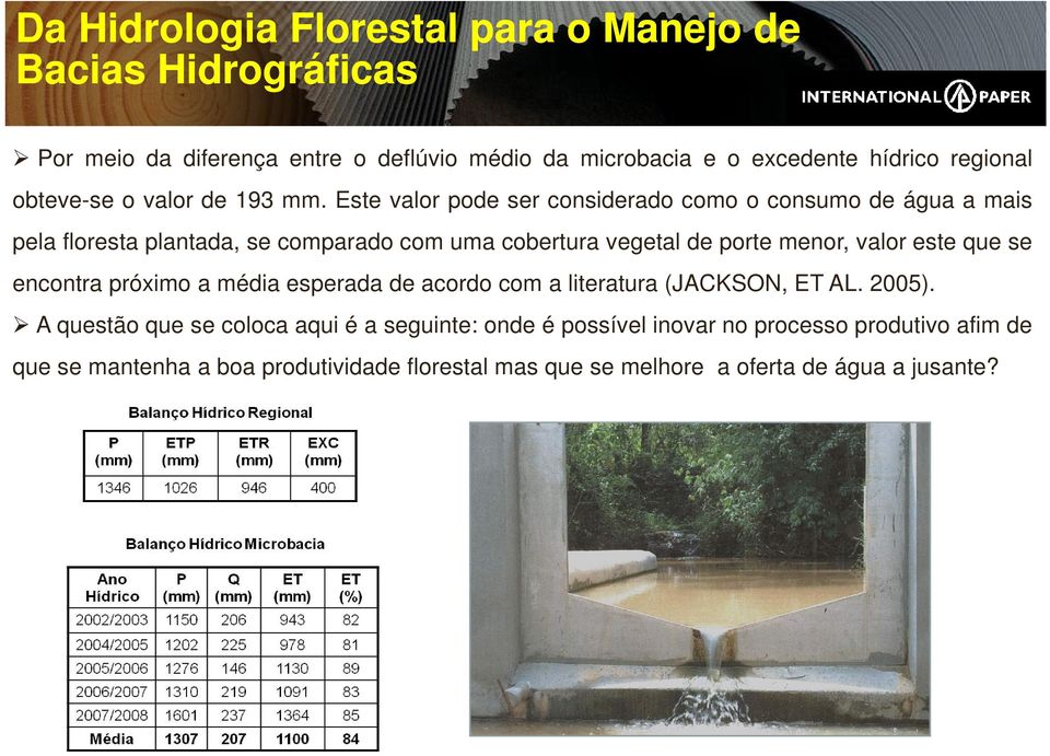 Este valor pode ser considerado como o consumo de água a mais pela floresta plantada, se comparado com uma cobertura vegetal de porte menor, valor este