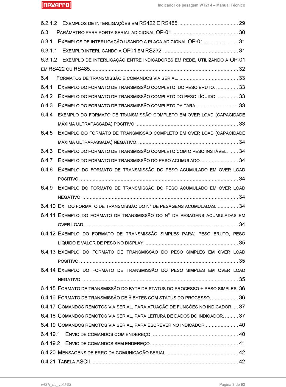 ..... EXEMPLO DO FORMATO DE TRANMIÃO COMPLETO DO PEO BRUTO...... EXEMPLO DO FORMATO DE TRANMIÃO COMPLETO DO PEO LÍQUIDO...... EXEMPLO DO FORMATO DE TRANMIÃO COMPLETO DA TARA.