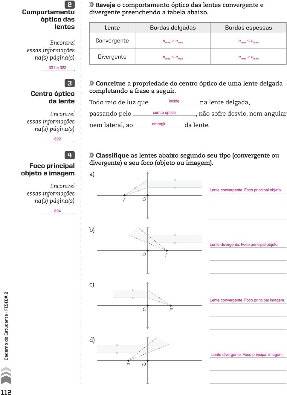 frase a seguir Todo raio de luz que passando pelo nem lateral, ao na lente delgada,, não sofre desvio, nem angular da lente Classifique as lentes abaixo segundo seu tipo (convergente ou divergente) e