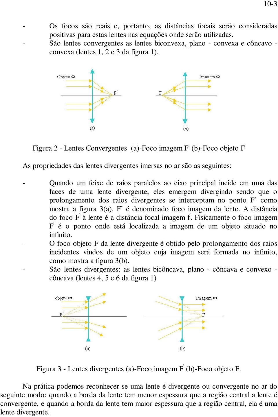 Figura 2 - Lentes Convergentes (a)-foco imagem F'(b)-Foco objeto F As propriedades das lentes divergentes imersas no ar são as seguintes: - Quando um feixe de raios paralelos ao eixo principal incide