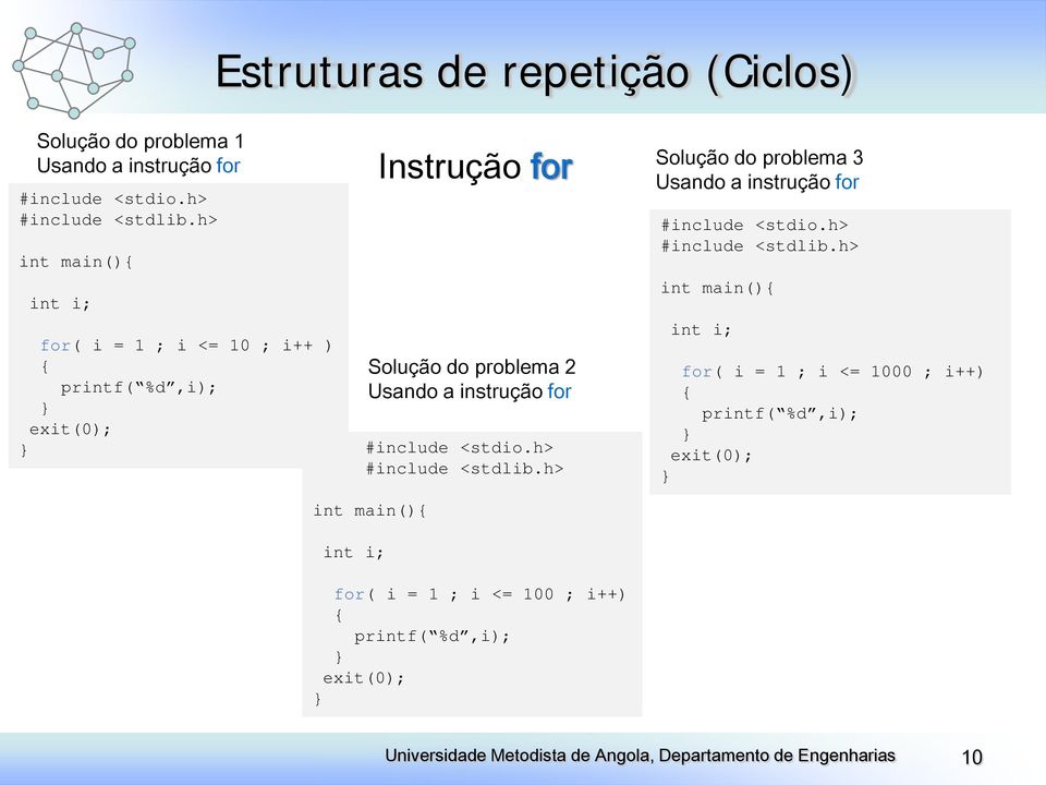 for Solução do problema 3 Usando a instrução for int i; for( i = 1 ; i <=