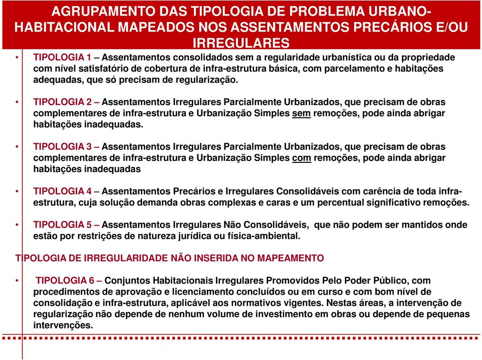 TIPOLOGIA 2 Assentamentos Irregulares Parcialmente Urbanizados, que precisam de obras complementares de infra-estrutura e Urbanização Simples sem remoções, pode ainda abrigar habitações inadequadas.