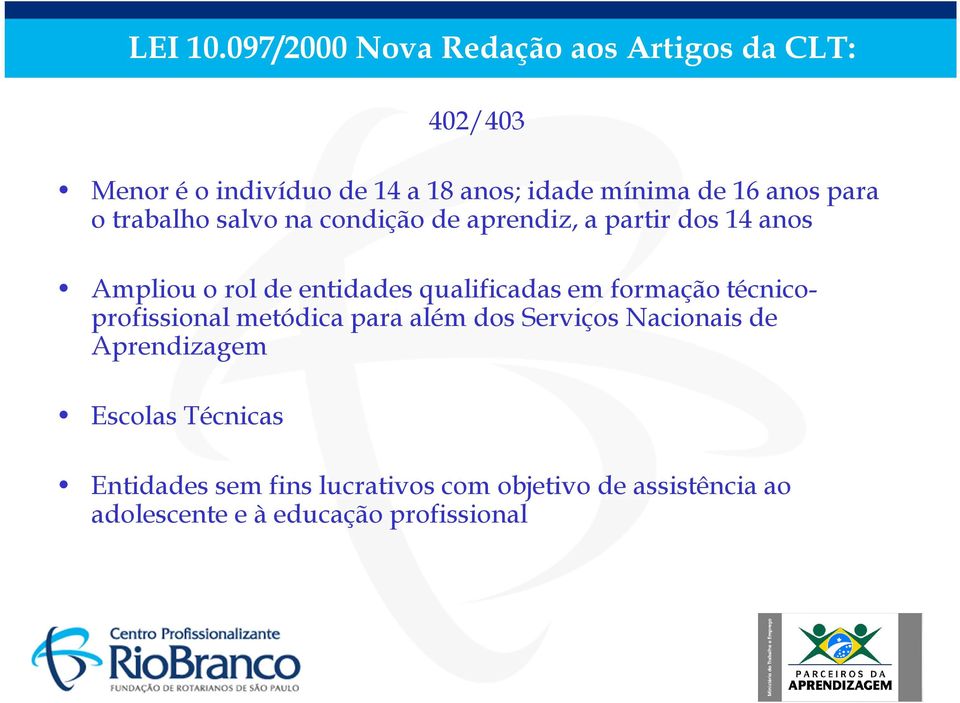 anos para o trabalho salvo na condição de aprendiz, a partir dos 14 anos Ampliou o rol de entidades