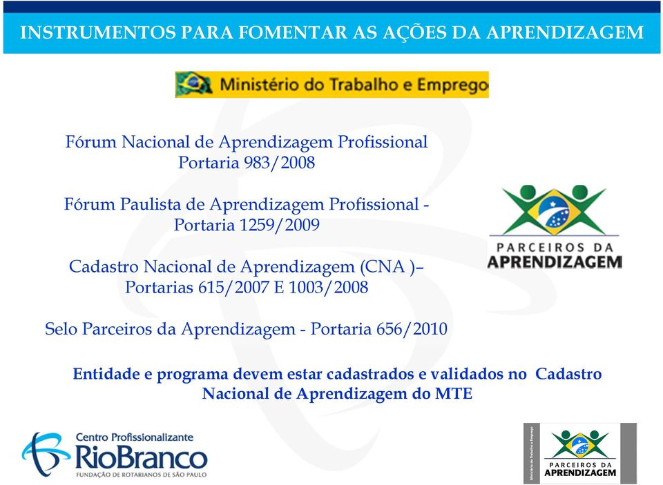 de Aprendizagem (CNA ) Portarias 615/2007 E 1003/2008 Selo Parceiros da Aprendizagem - Portaria