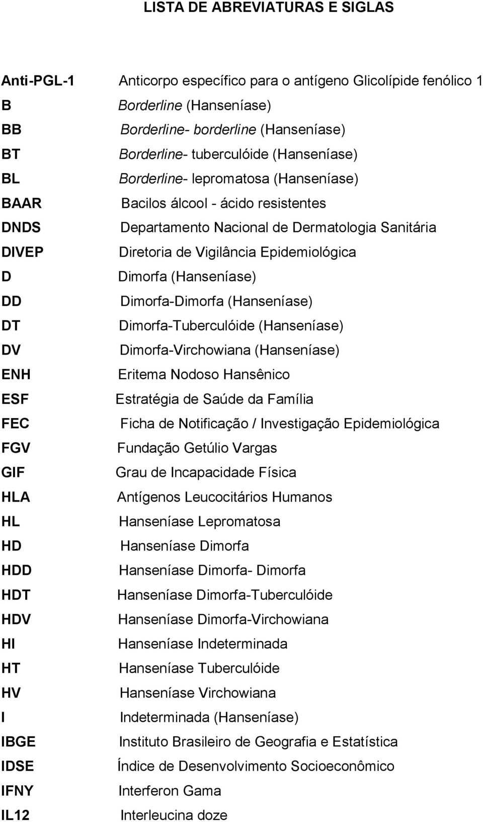 Dimorfa (Hanseníase) DD Dimorfa-Dimorfa (Hanseníase) DT Dimorfa-Tuberculóide (Hanseníase) DV Dimorfa-Virchowiana (Hanseníase) ENH Eritema Nodoso Hansênico ESF Estratégia de Saúde da Família FEC Ficha