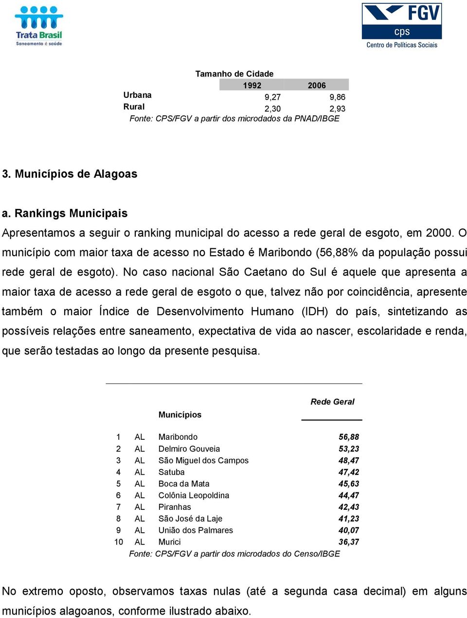 O município com maior taxa de acesso no Estado é Maribondo (56,88% da população possui rede geral de esgoto).