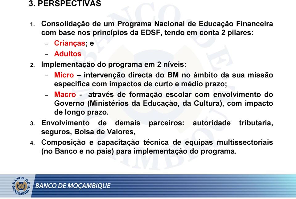 de formação escolar com envolvimento do Governo (Ministérios da Educação, da Cultura), com impacto de longo prazo. 3.