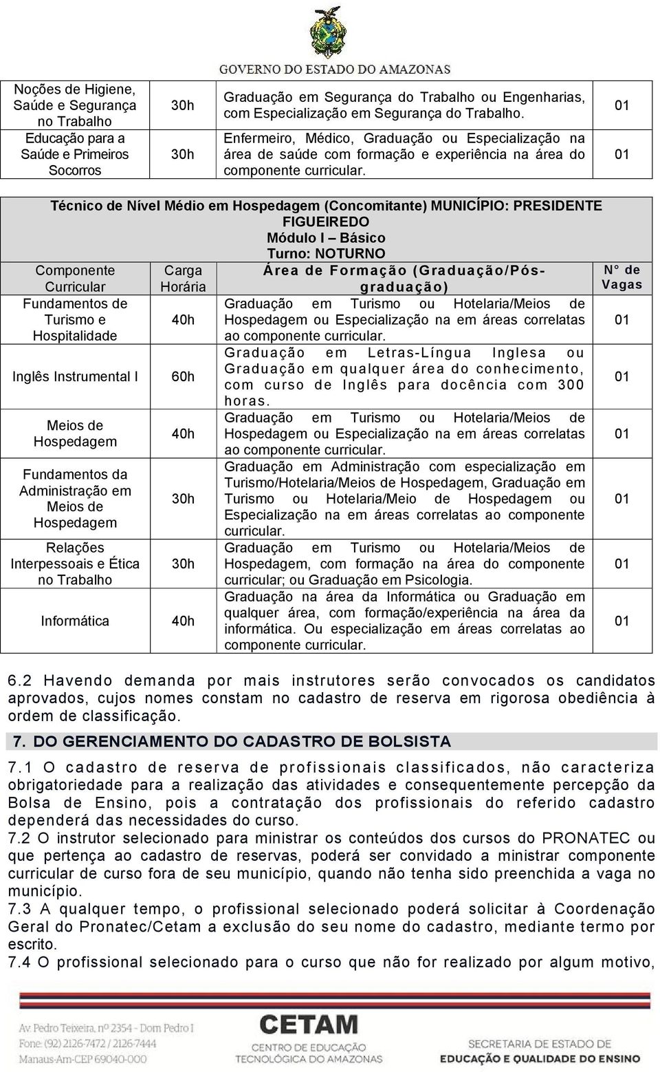 Fundamentos de Turismo e Hospitalidade Inglês I Meios de Hospedagem Fundamentos da Administração em Meios de Hospedagem Interpessoais e Ética Informática Graduação em Turismo ou Hotelaria/Meios de