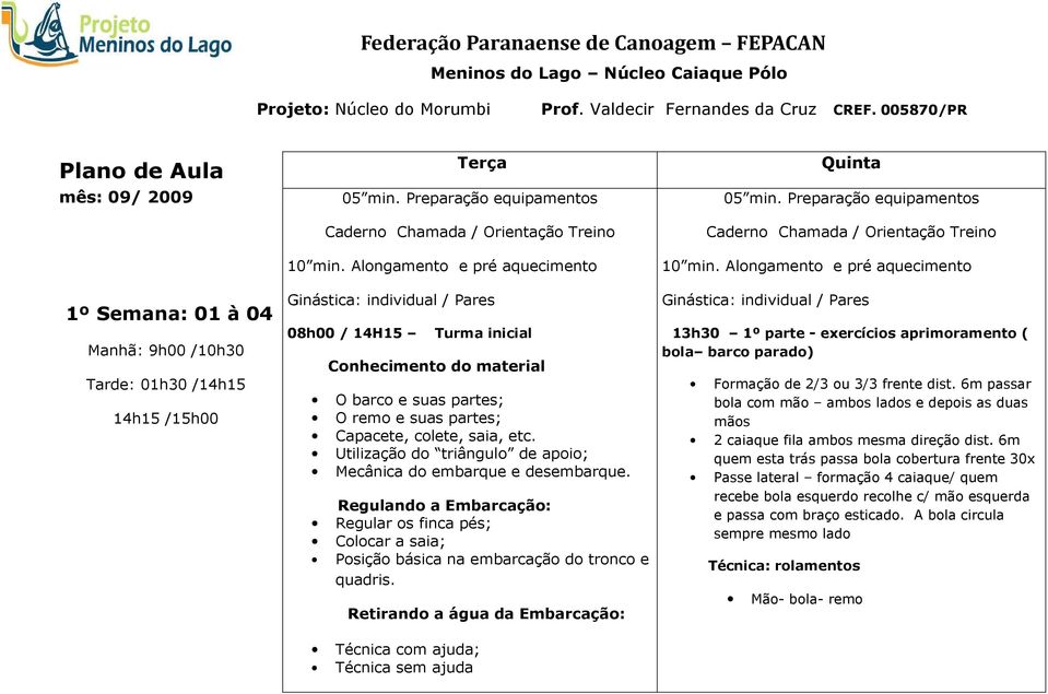 material O barco e suas partes; O remo e suas partes; Capacete, colete, saia, etc. Utilização do triângulo de apoio; Mecânica do embarque e desembarque.