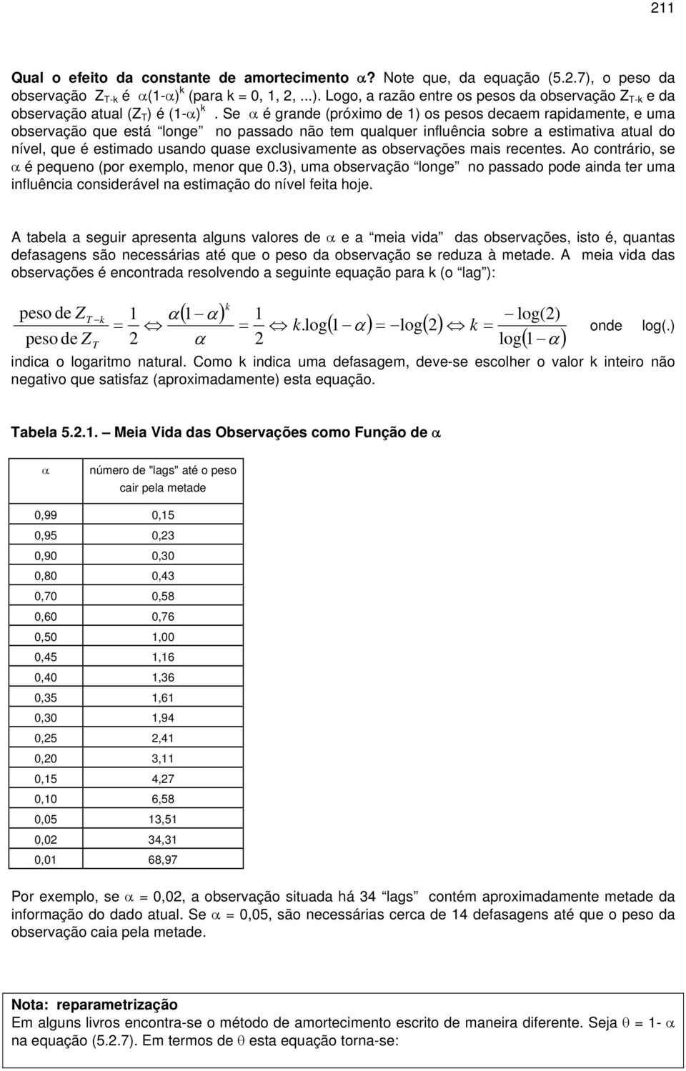 as observações mais recenes. Ao conrário, se α é pequeno (por exemplo, menor que 0.), uma observação longe no passado pode ainda er uma influência considerável na esimação do nível feia hoje.