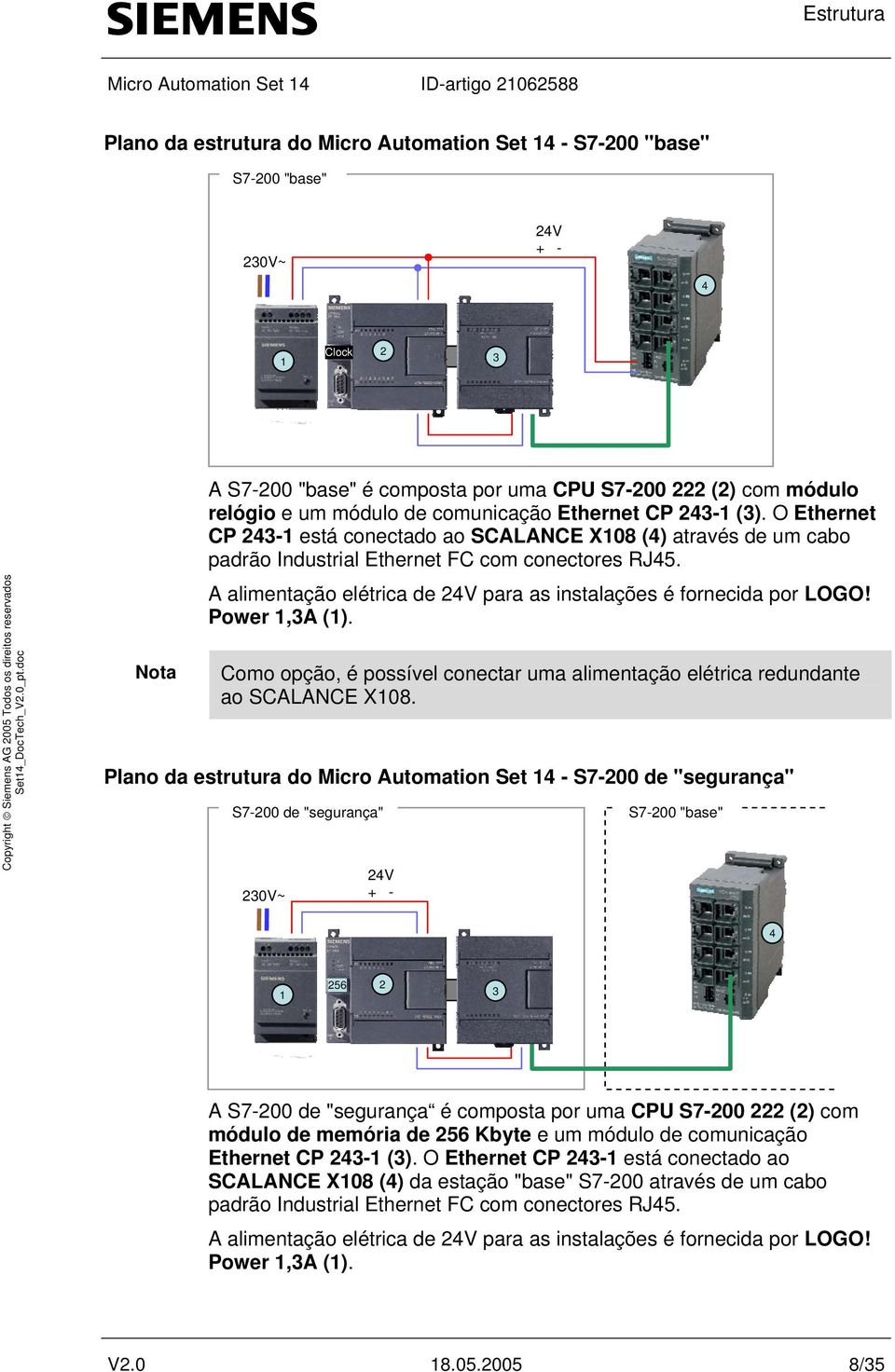 A alimentação elétrica de 24V para as instalações é fornecida por LOGO! Power 1,3A (1). Como opção, é possível conectar uma alimentação elétrica redundante ao SCALANCE X108.