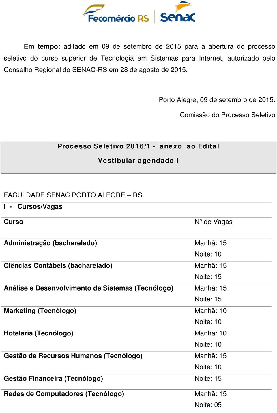 Comissão do Processo Seletivo Processo Seletivo 2016/1 - anexo ao Edital Vestibular agendado I FACULDADE SENAC PORTO ALEGRE RS Curso Administração (bacharelado) Manhã: 15